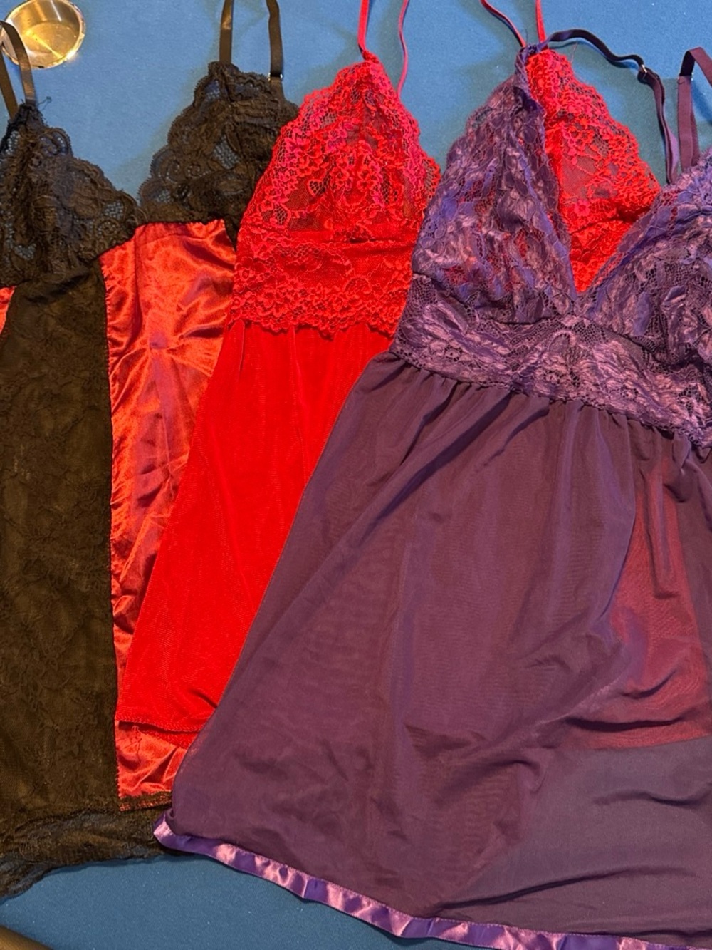 Lot of 3 Lace-Trim Satin Chemise - Purple, Red, Black